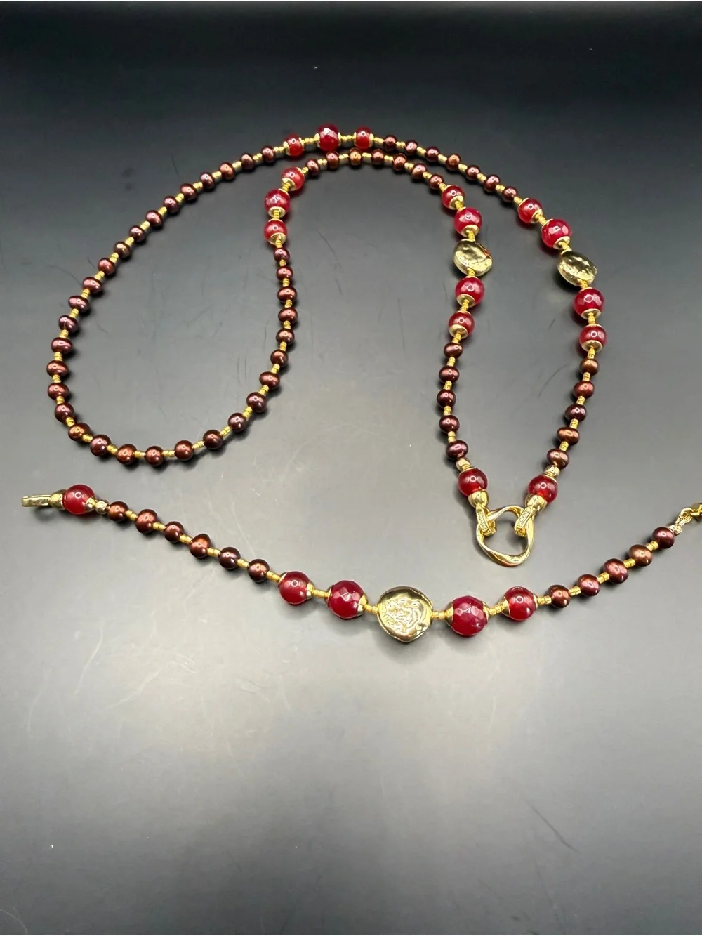 Gold & Burgundy Beaded Rosary-Style Necklace real pearl